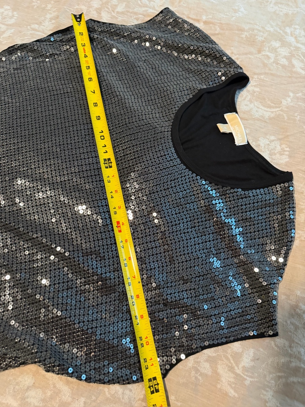 Michael Kors Black Sequin Short Sleeve Crew Top, Size Medium - Picture 5 of 10